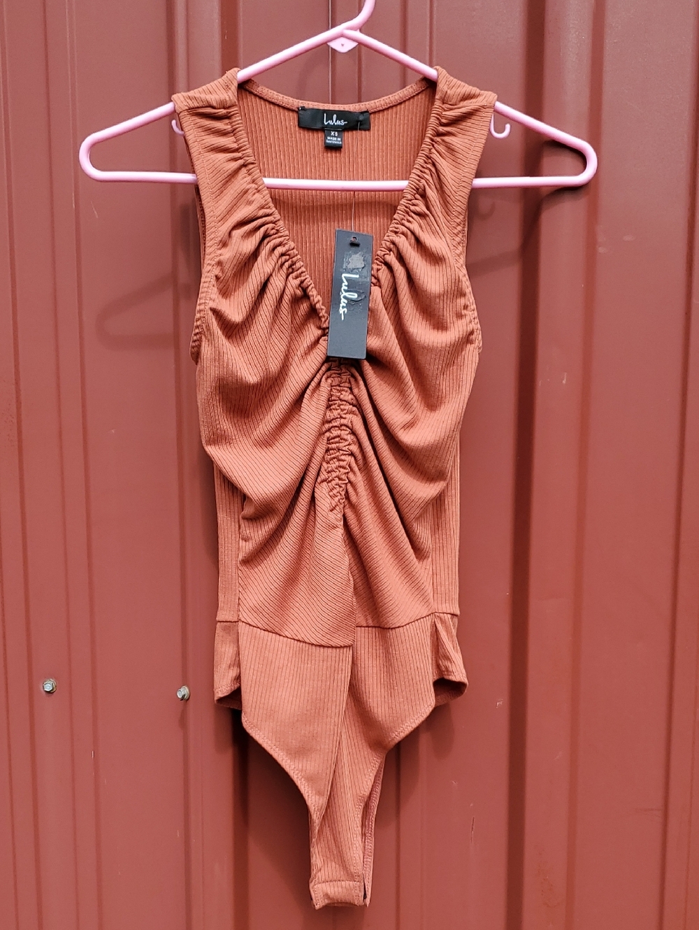 Lulu's XS Rust Ribbed One-Piece Bodysuit with Front Ruching - Picture 1 of 10
